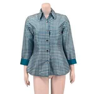 Nina Mclemore‎ Top Womens 2 Blue White Gingham 100% Silk Button Up Flip Cuffs